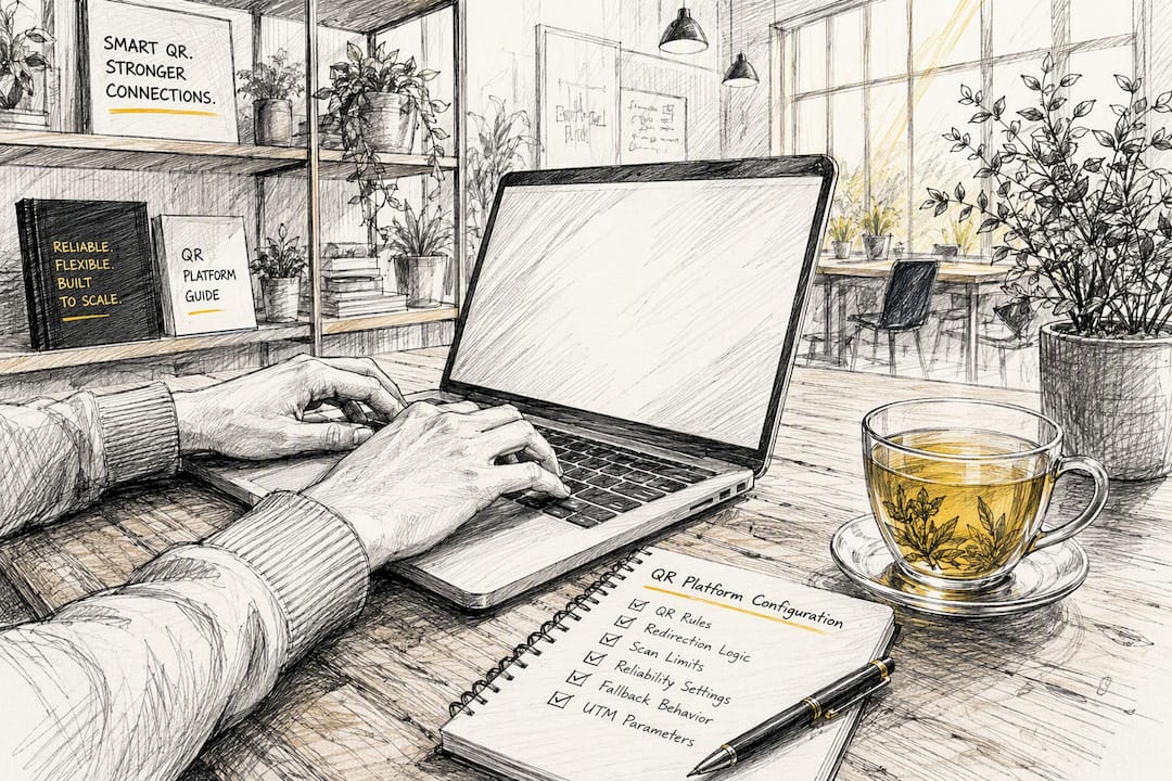 Hands configuring QR code platform in modern office
