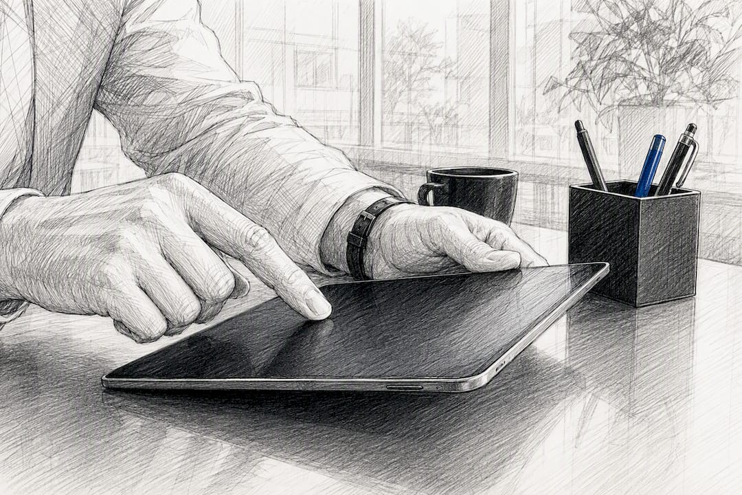Hands triggering automated data export on tablet