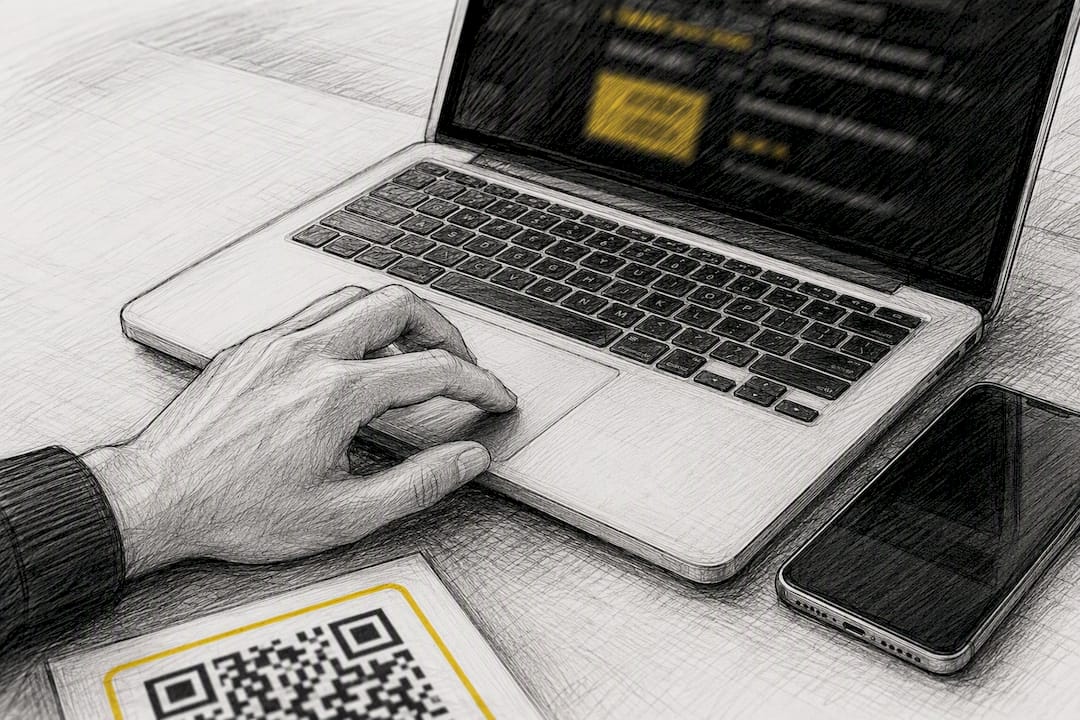 Hand typing near smartphone and printed QR code
