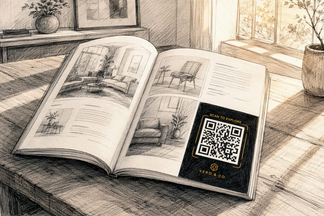 Printed catalogue page with large prominent QR code