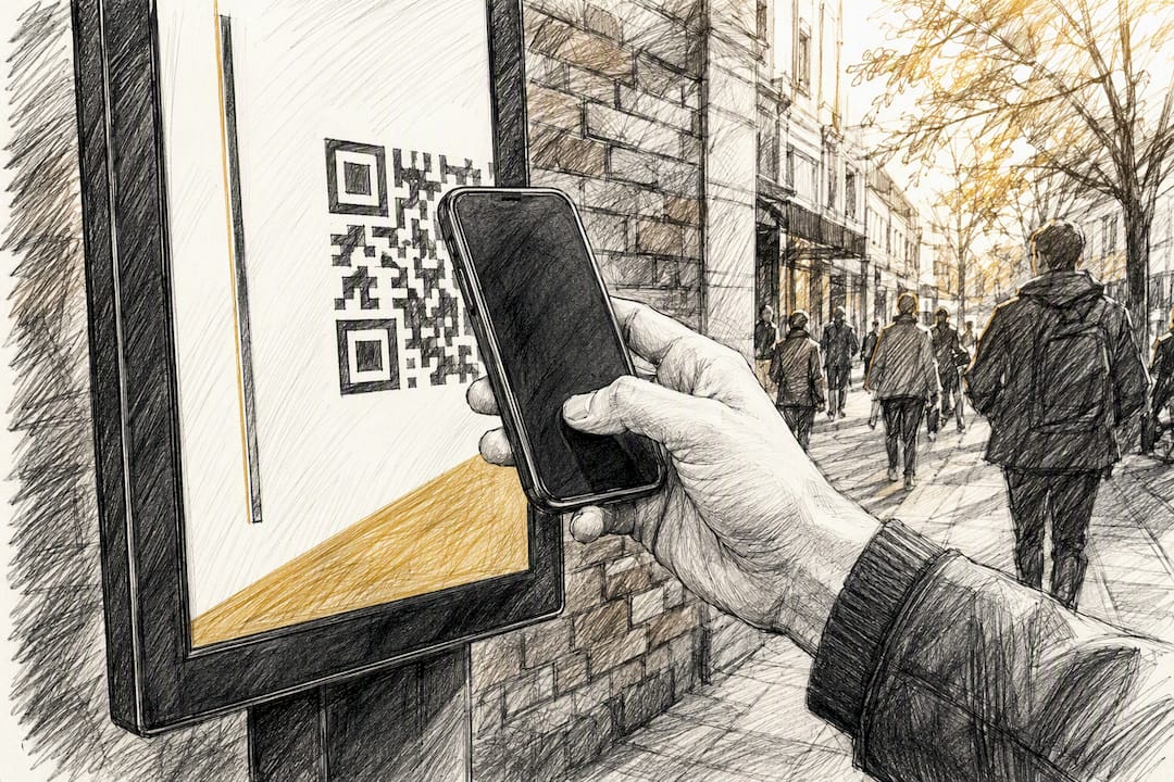 Hand scanning QR code on open house sign with smartphone