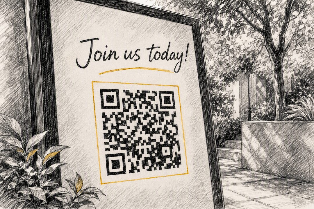 Close-up of event QR code with call-to-action on signage