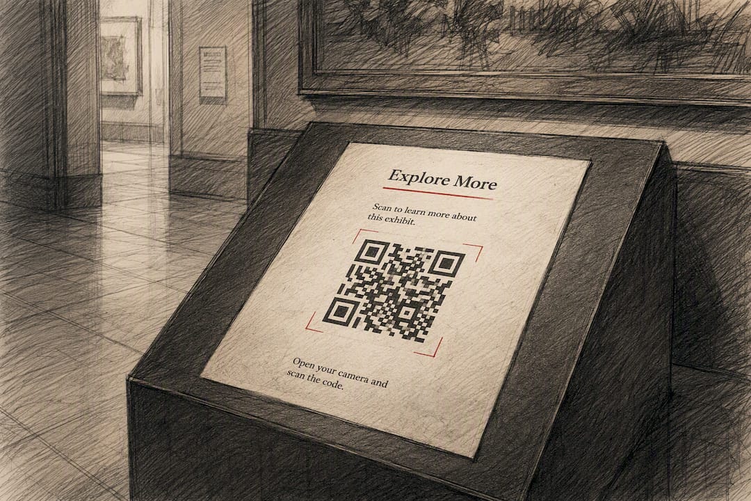 Close-up of printed QR code on matte museum label