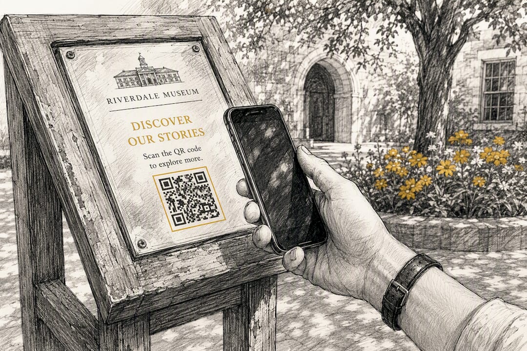 Museum visitor hand scanning QR code label