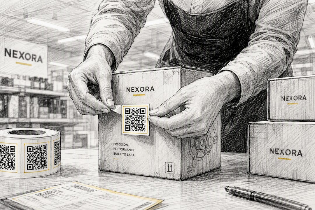 Hands placing QR code sticker on product package