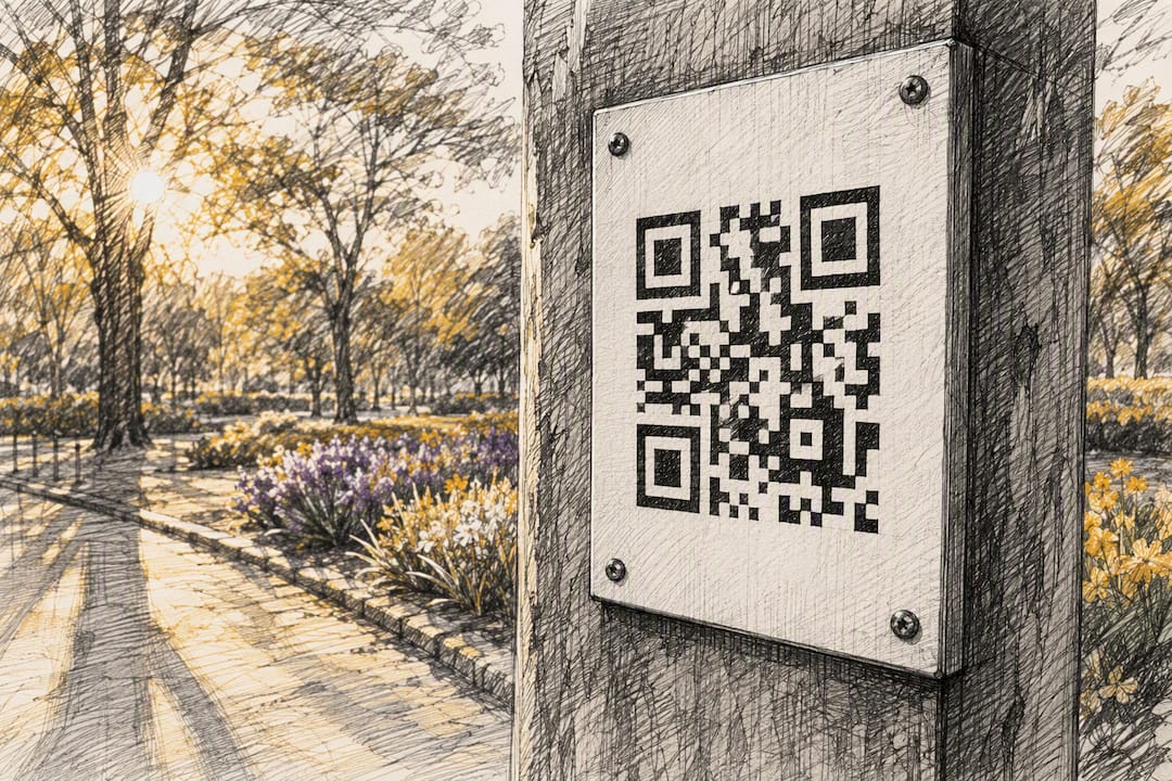 Close-up of static QR code printed on outdoor sign