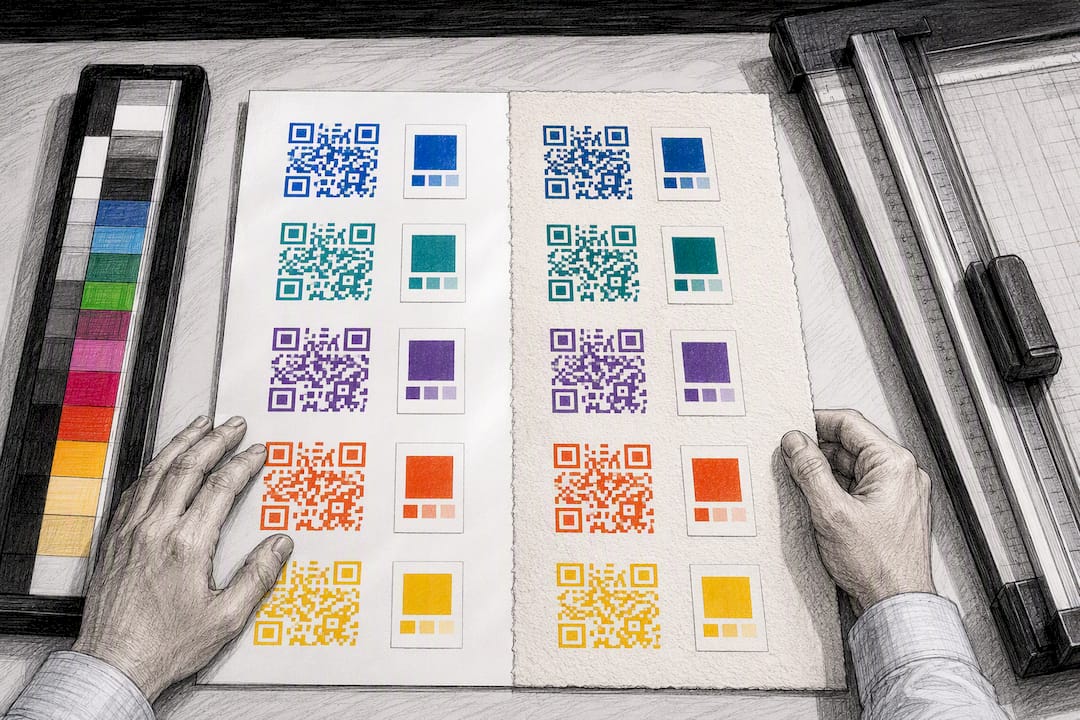 Printed QR color proofs on different paper stocks