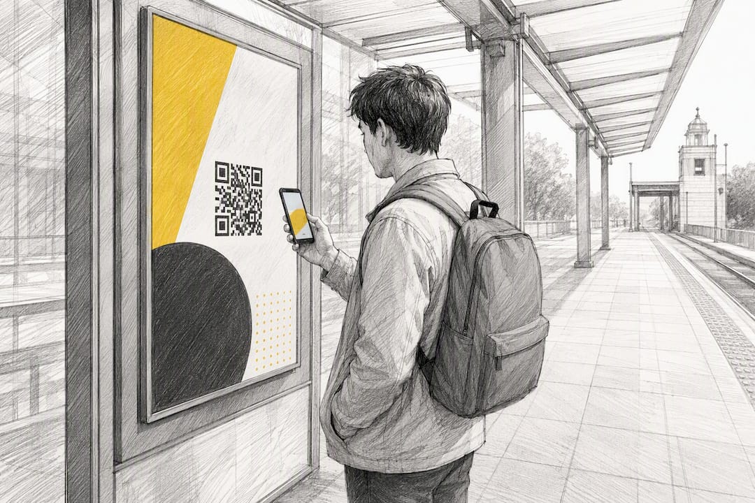 Commuter scanning a transit campaign poster