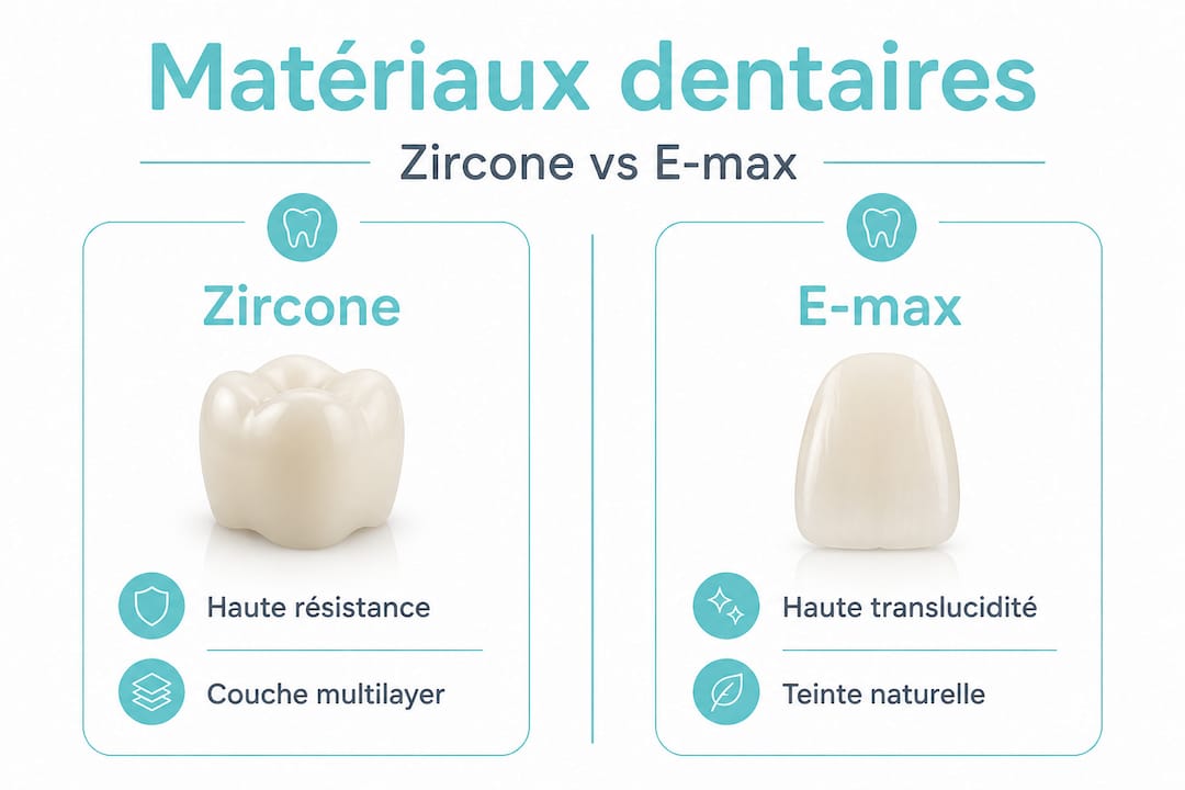 Infographie comparative : Zircone vs E-max dans le domaine dentaire