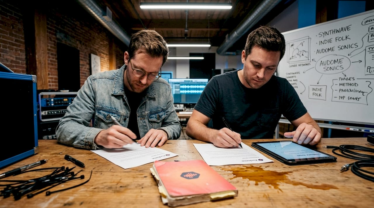 Music team reviewing and signing creative brief