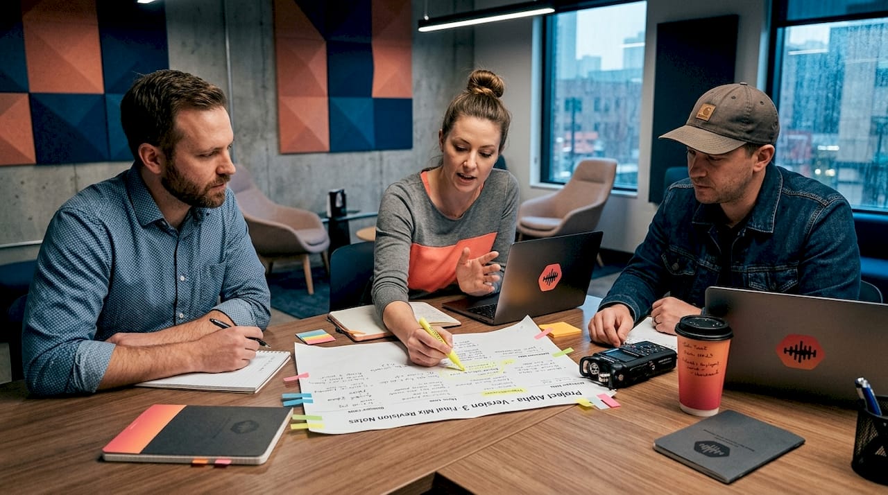 Team discusses mix revisions and schedules