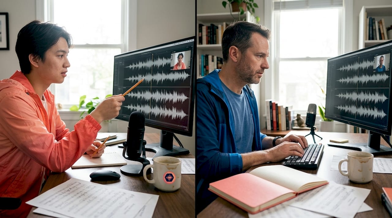 Two people remotely syncing audio tracks