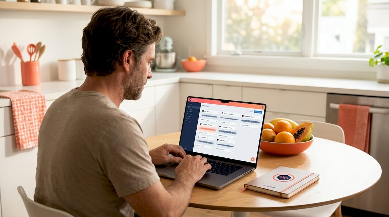 Man organizing audio versions at kitchen table