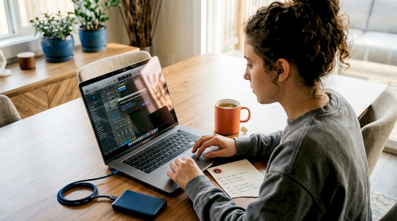 Woman sharing audio project files in kitchen