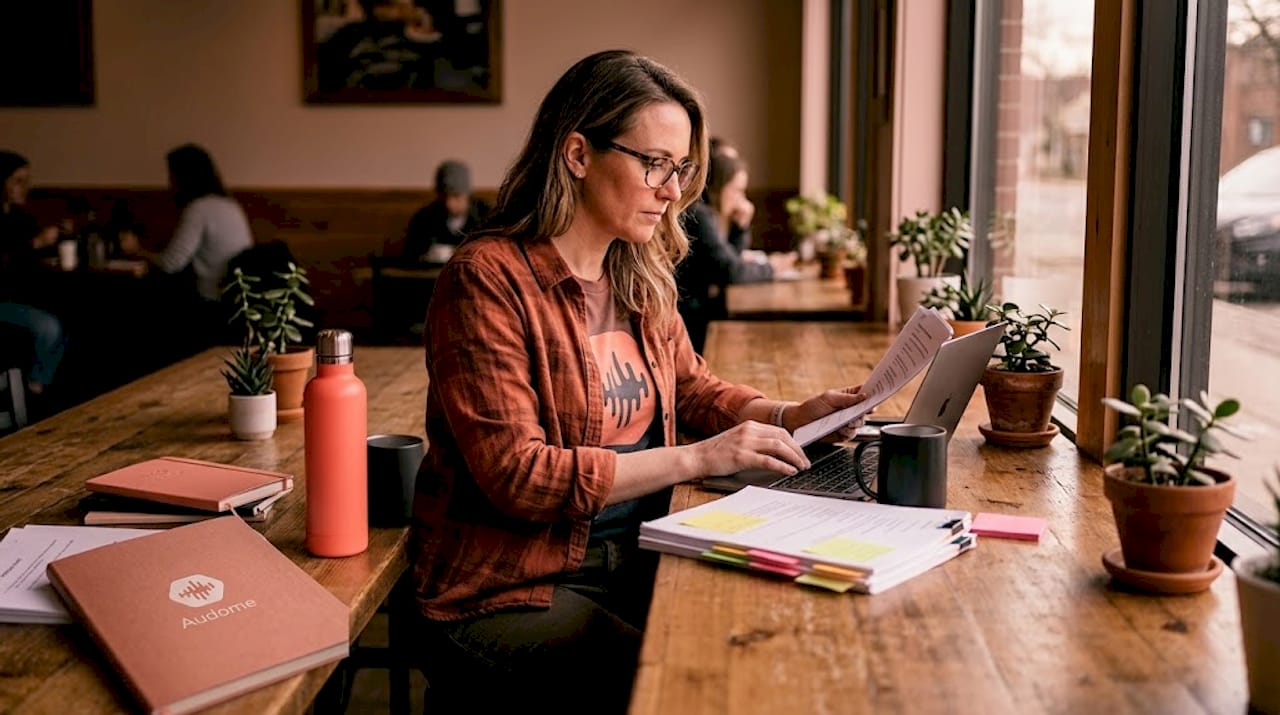 Producer working at podcast episode conference table