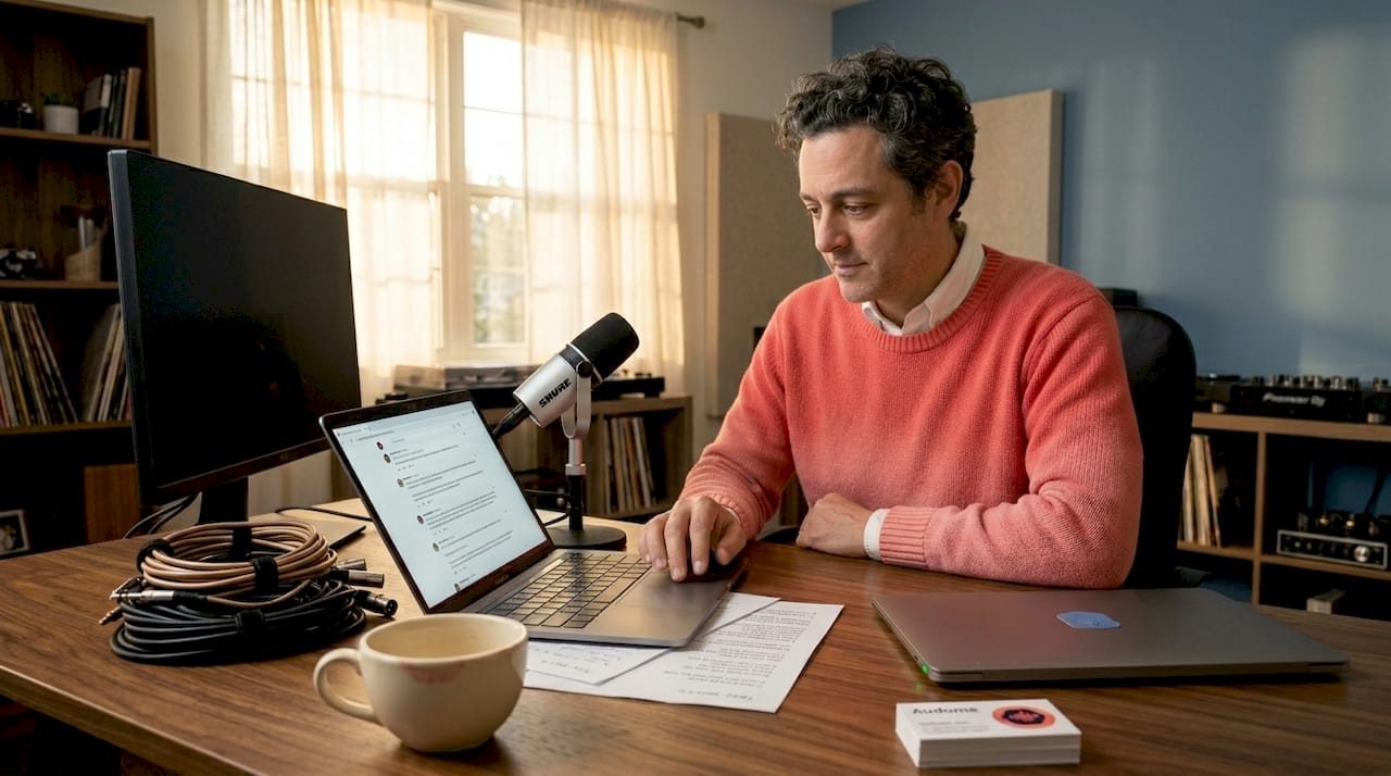 Audio engineer reviewing feedback in home office