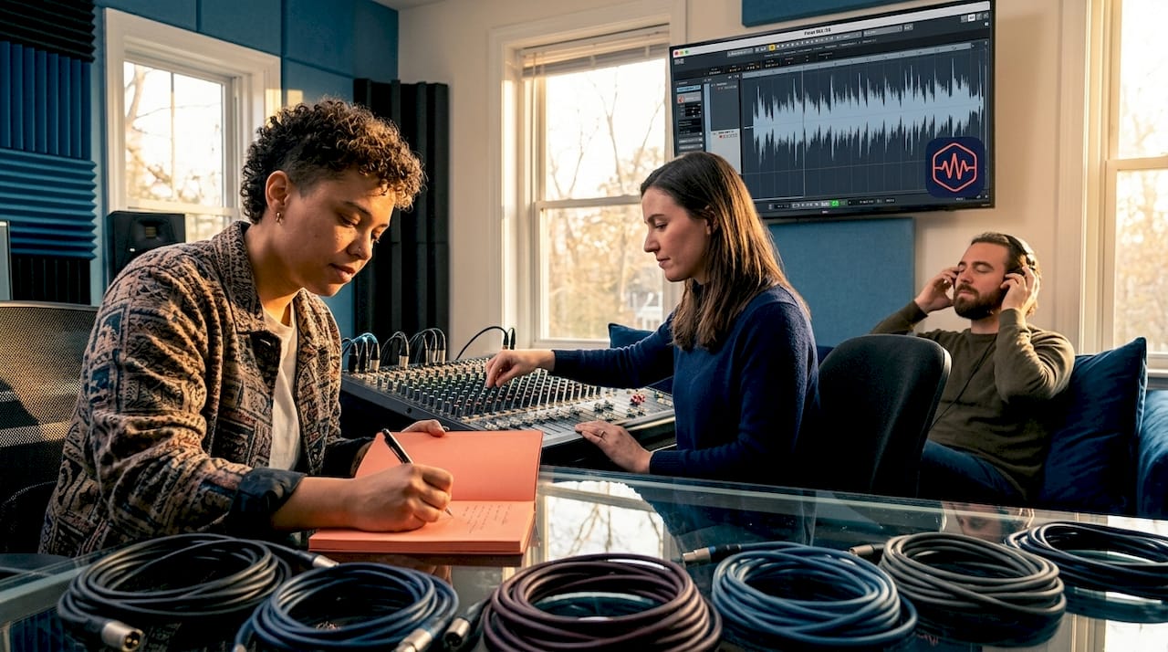 Audio professionals collaborating on mix review