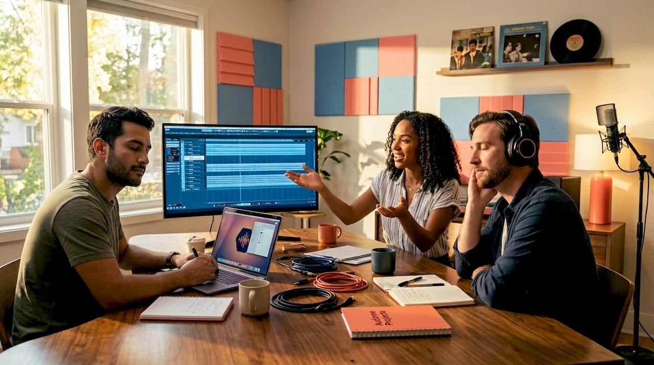 Audio engineers collaborating internally at workstation