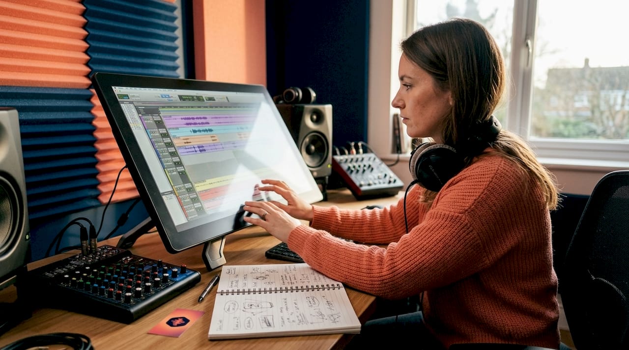 Sound engineer reviewing multi-track audio timeline