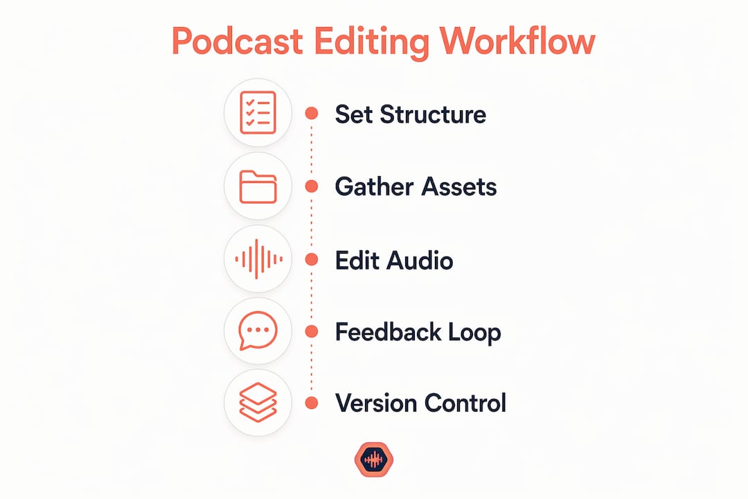 Infographic illustrating step-by-step podcast editing workflow