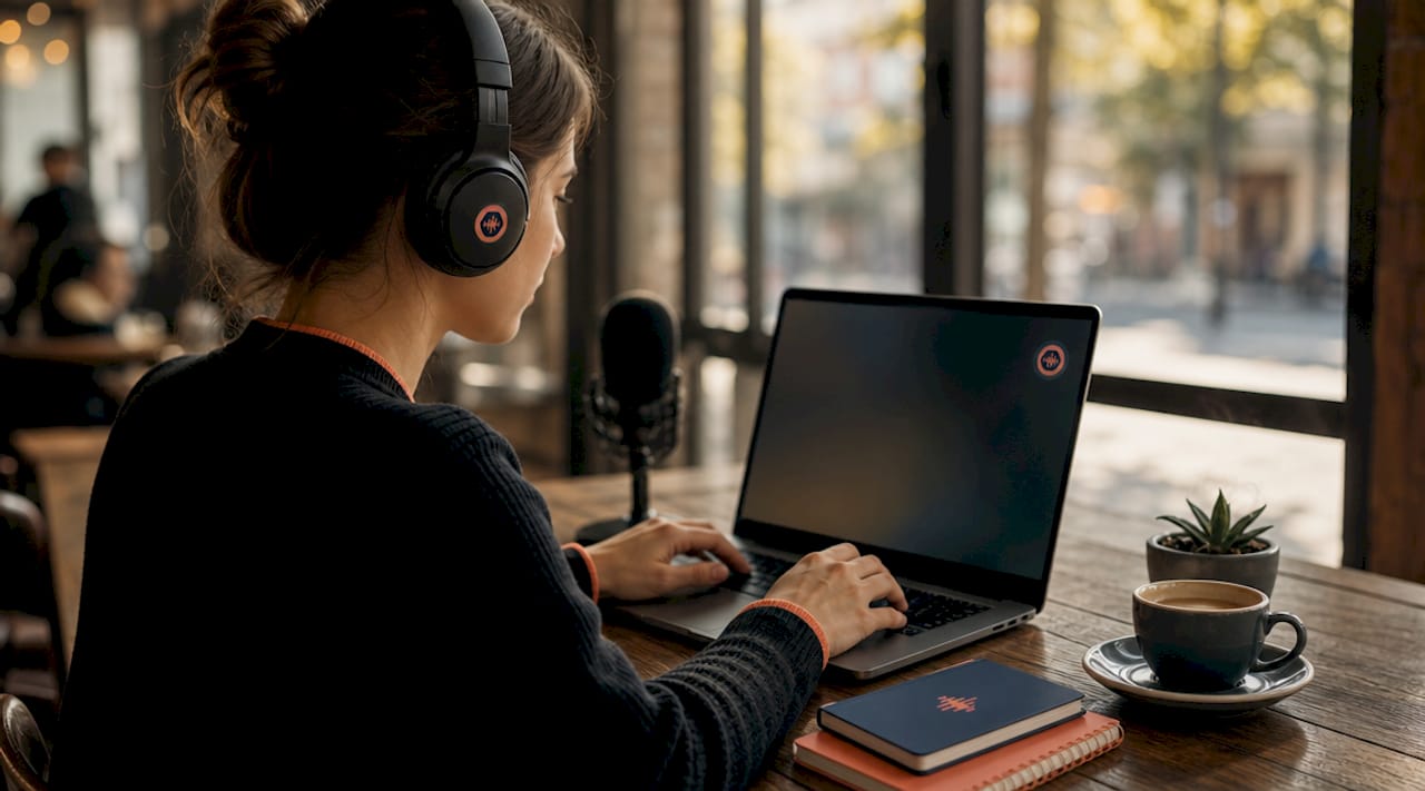Woman editing podcast on laptop with headphones