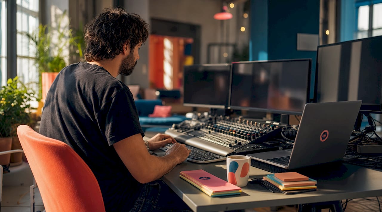 Close-up of hands typing on keyboard with audio equipment