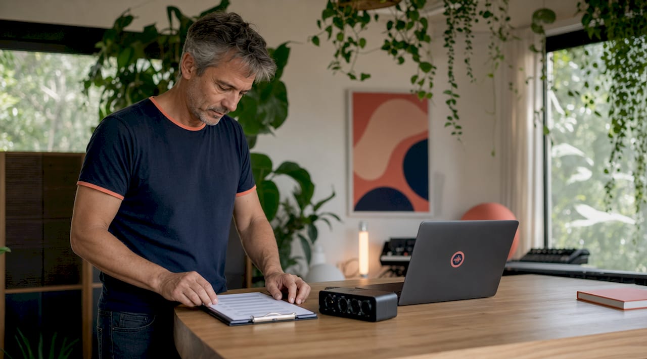 Audio producer preparing client onboarding checklist