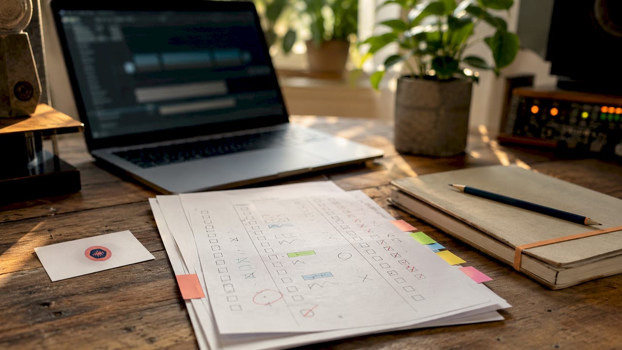 Overhead view of organized mix revision planning tools