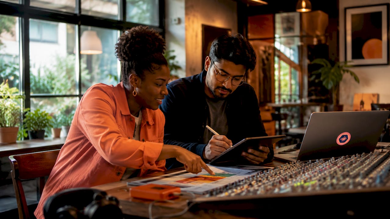 Two producers organizing DAW session setup