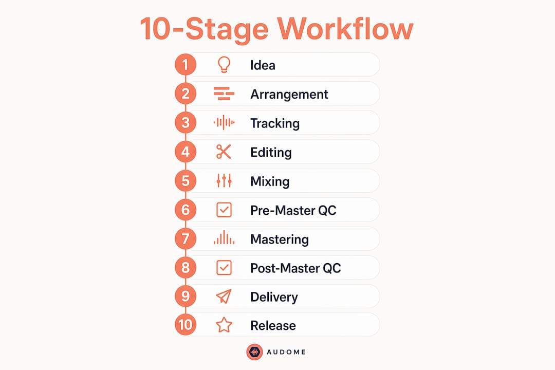 Infographic of 10-stage recording studio workflow process