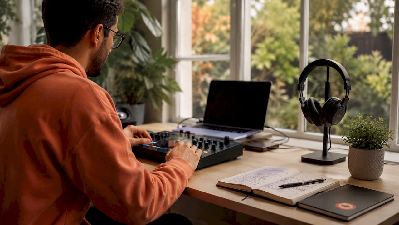 Overhead view of audio production workspace