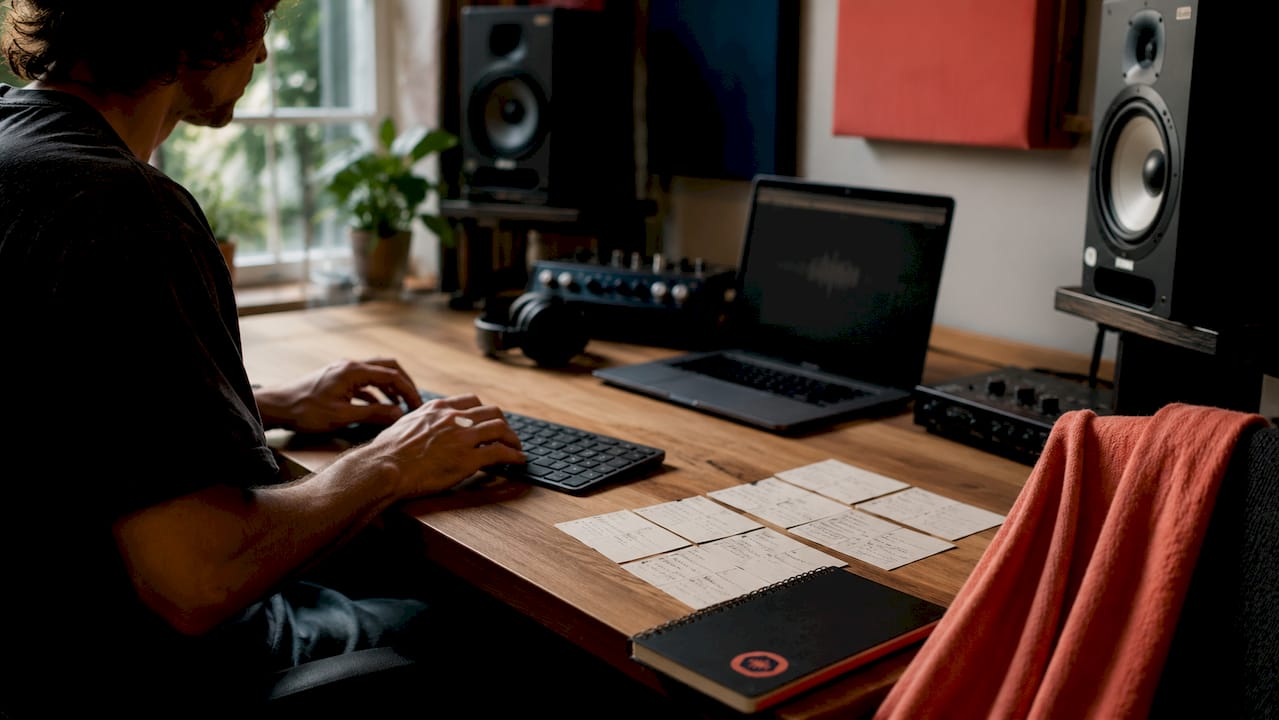 Close-up of hands typing timestamped audio feedback notes