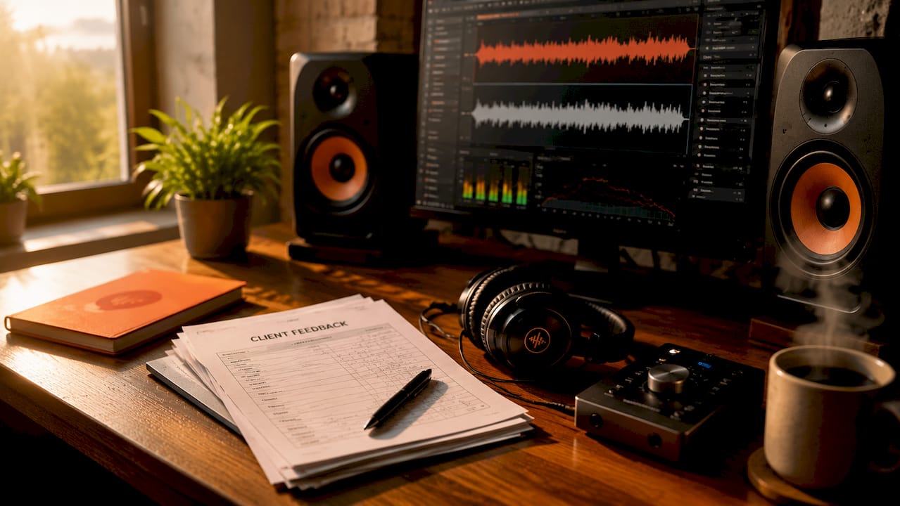 Overhead view of audio mastering feedback workspace