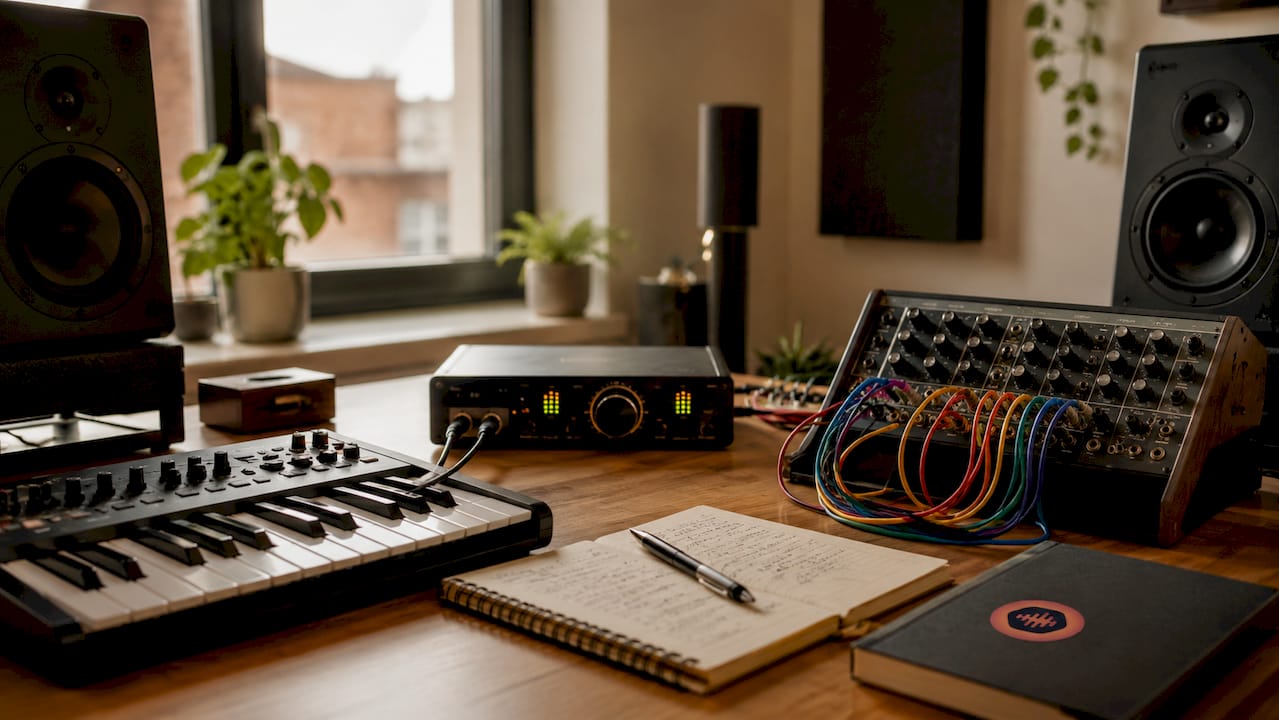 Overhead view of organized music production equipment