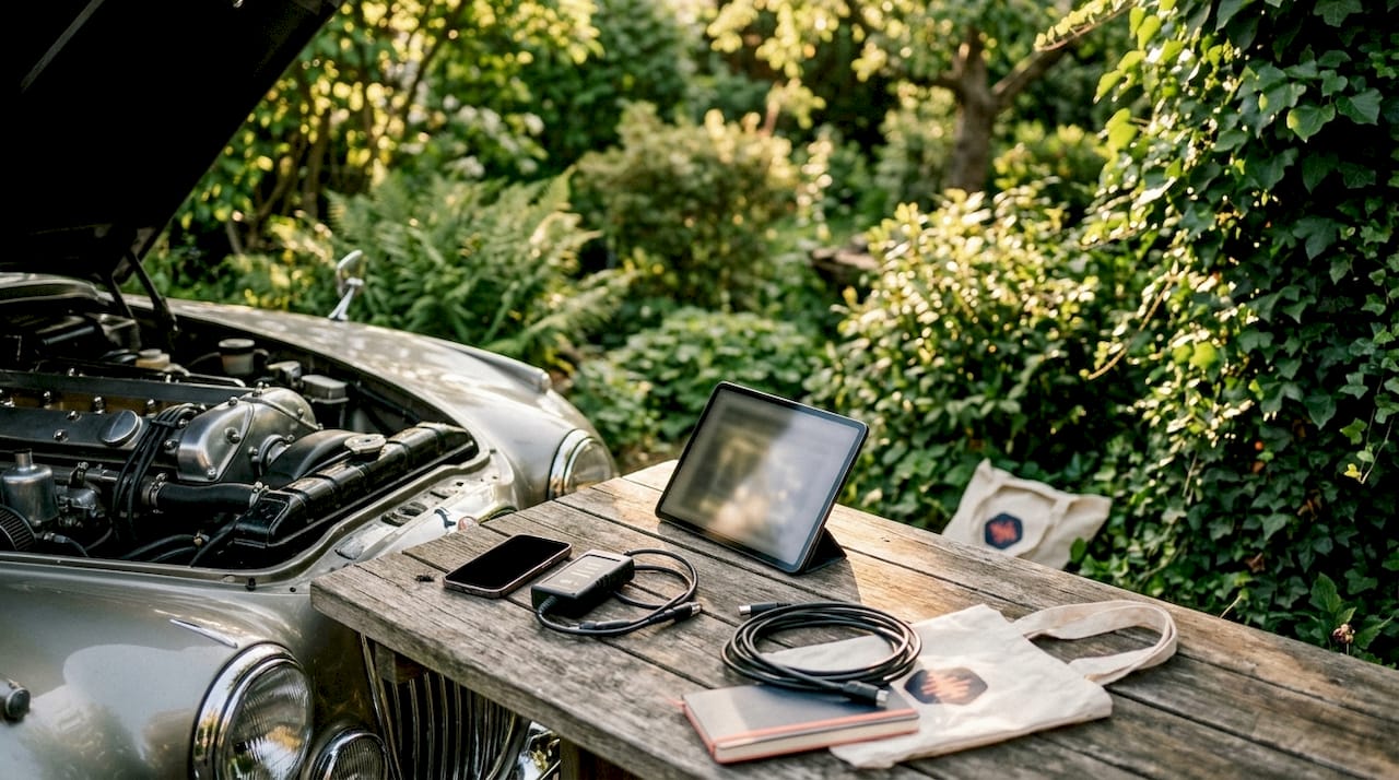 Automotive diagnostic devices on workshop bench