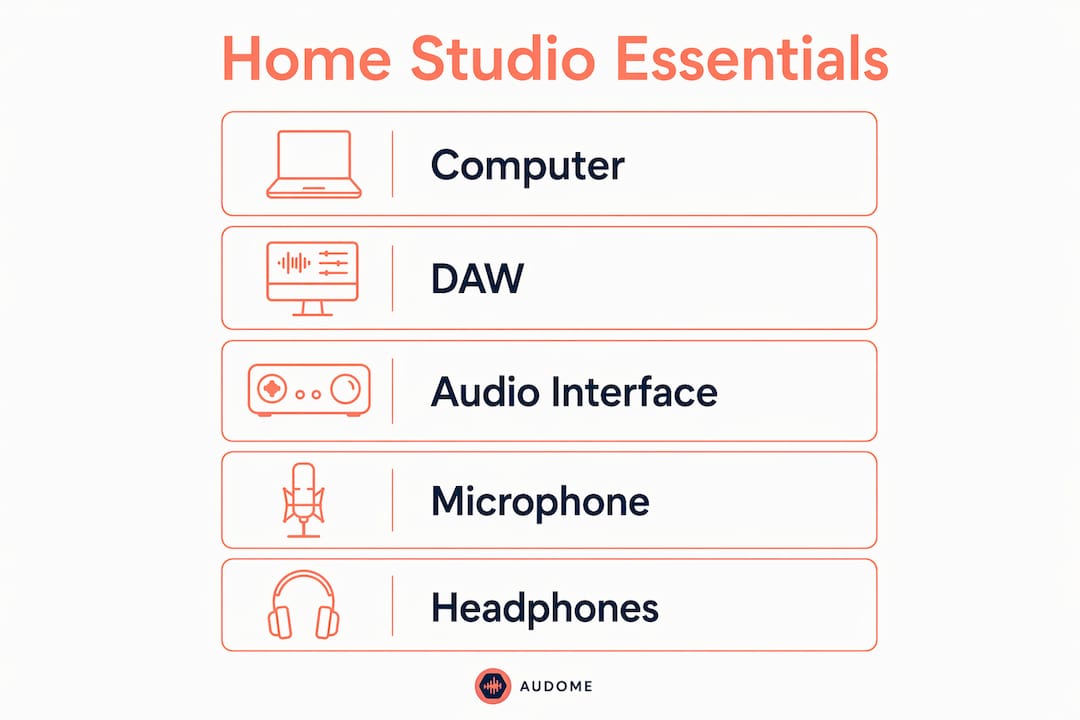 Infographic showing essential home studio tools in steps