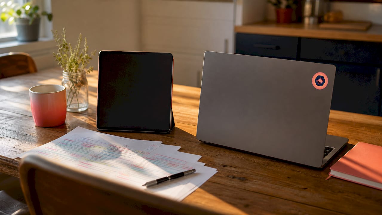 Workspace with audio editing tablet and revision notes