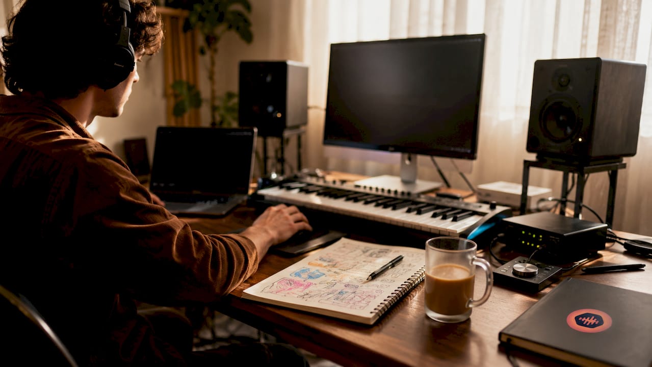 Music studio workspace with revision notes and instruments