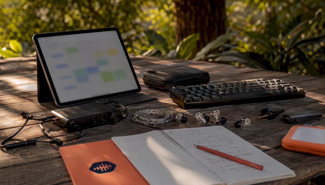Close-up of tablet with scheduling interface and studio gear