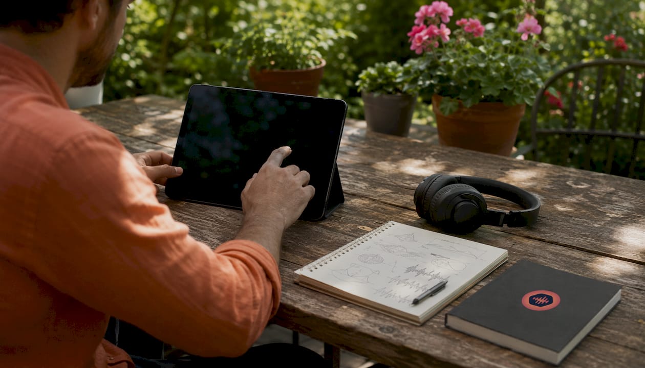 Hands operating tablet with audio tools nearby