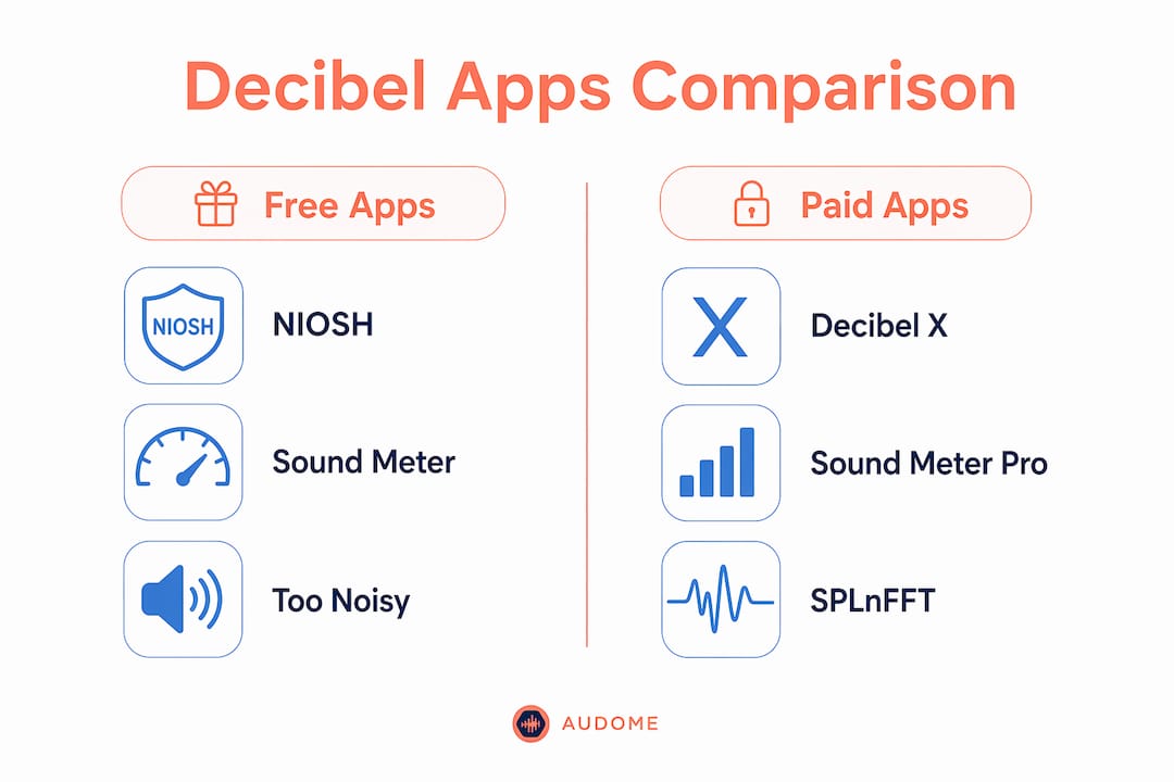 Infographic comparing free and paid decibel apps