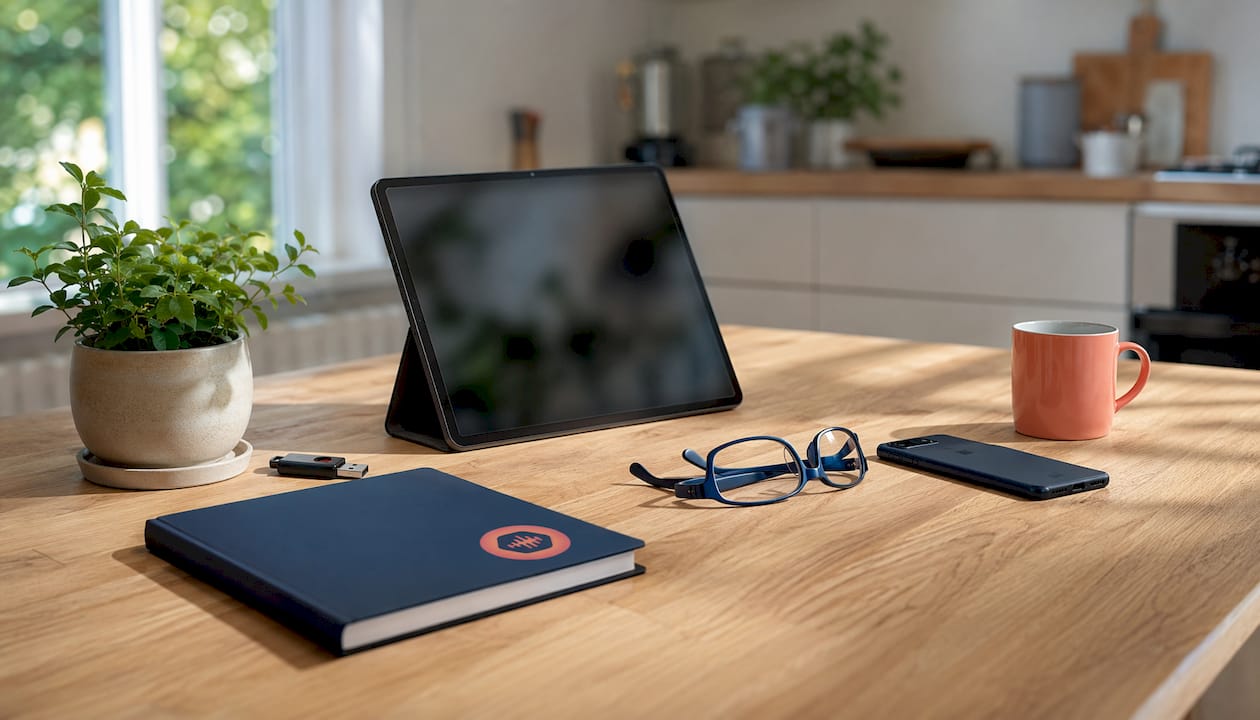 Tablet and smartphone on conference table with accessories