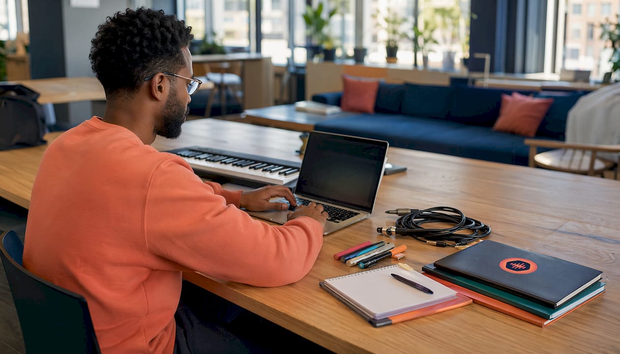 Hands using audio production tools on black desk
