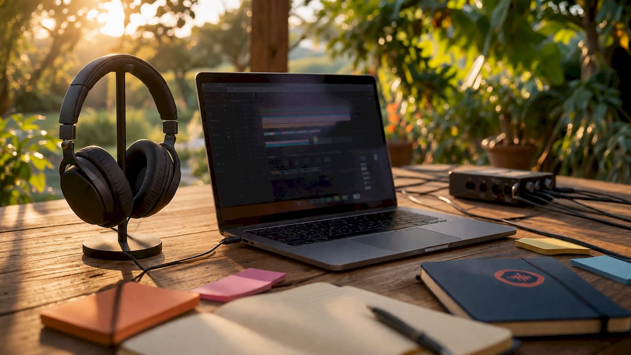 Home studio audio collaboration setup from behind