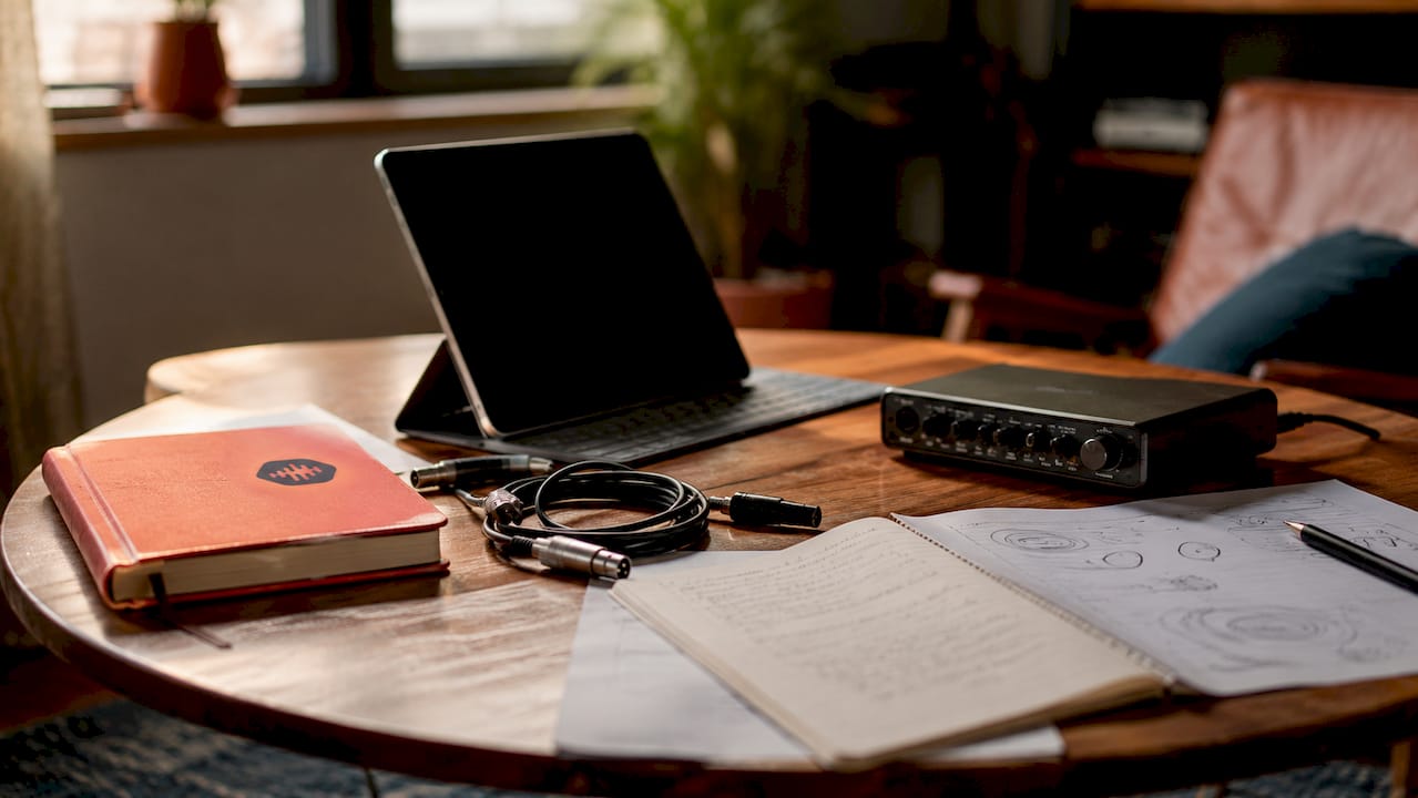 Overhead view of audio workspace with tablet and notes