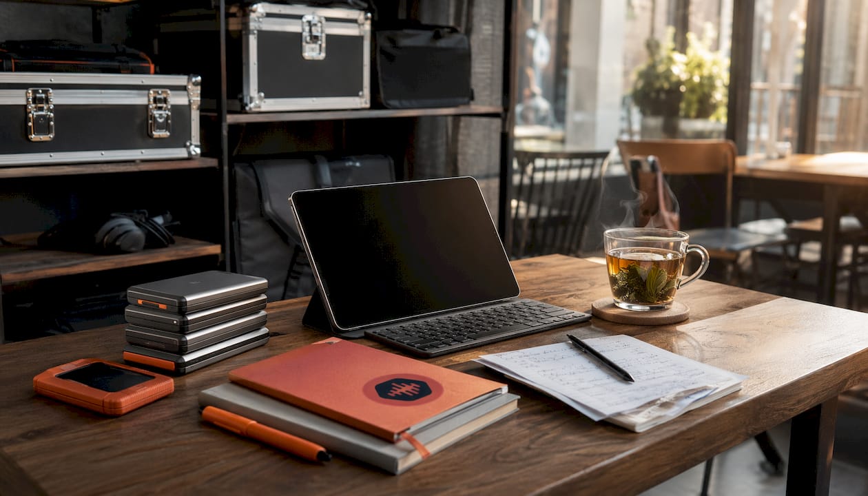 Modern audio workspace with cloud file management tools