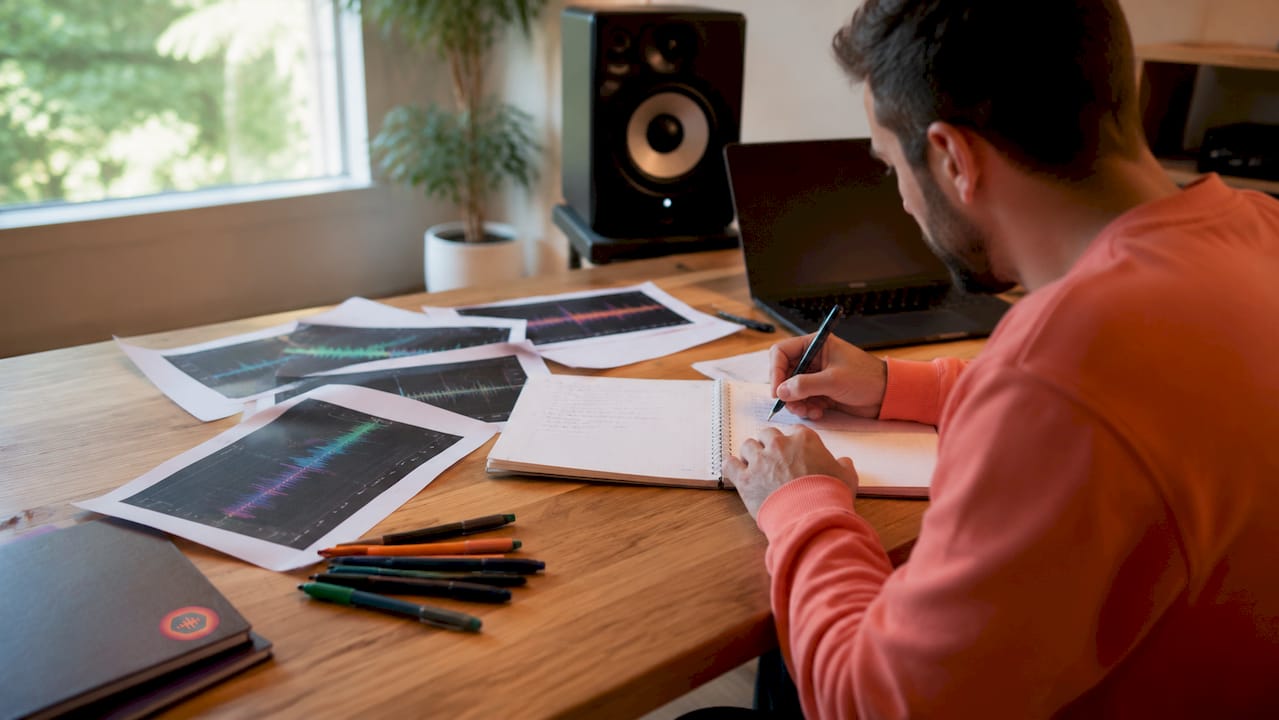 Overhead view of mastering notes and graphs
