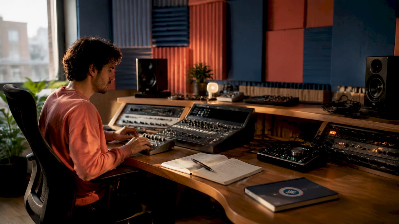 Digital music studio desktop with audio gear