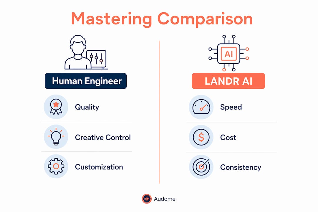 Infographic comparing human mastering and LANDR AI mastering