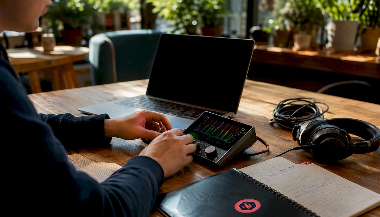 Hands checking audio file quality with tools